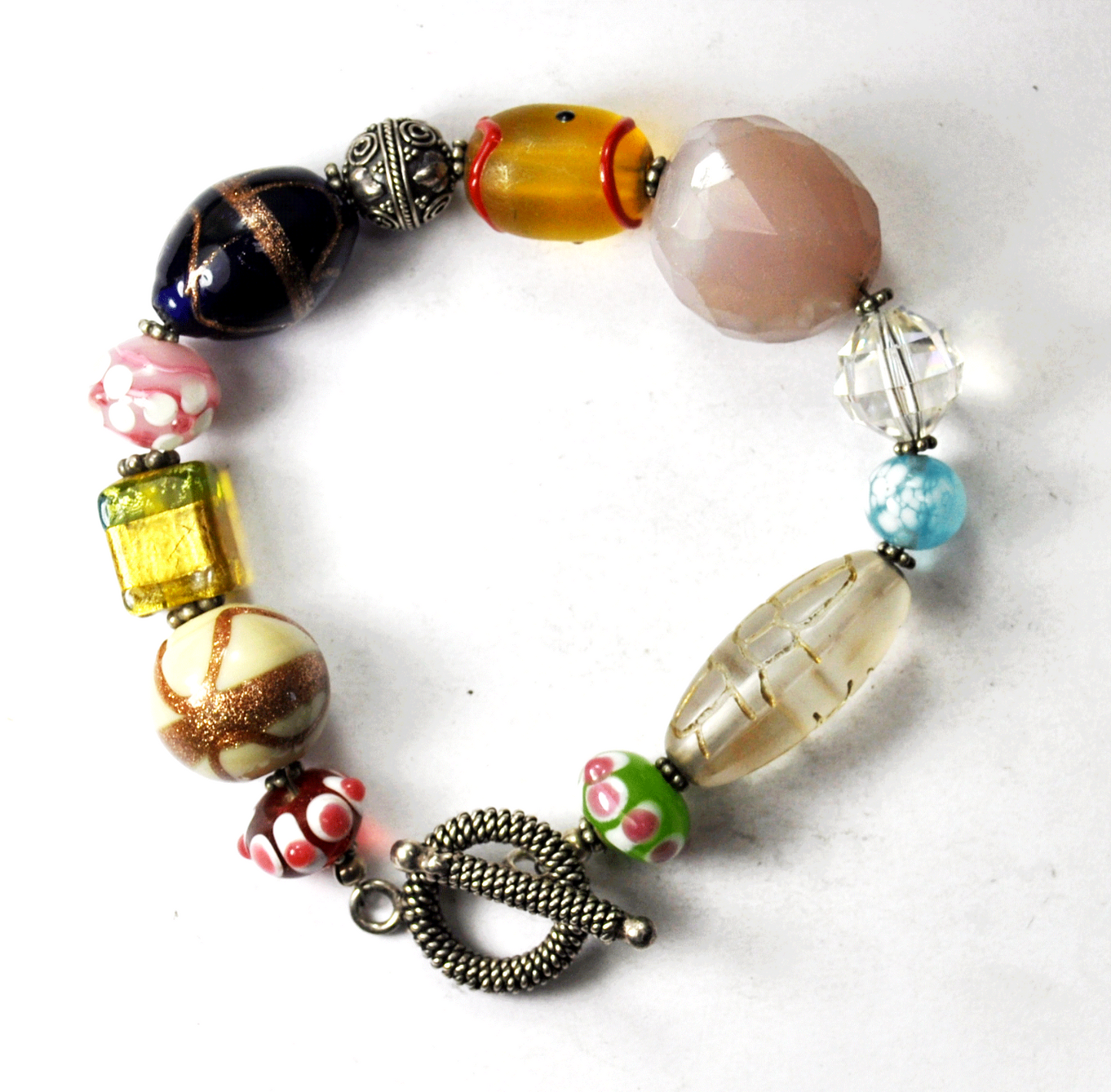 Silver Plate Multi Color Murano Bead Toggle Bracelet 19mm 8.5"