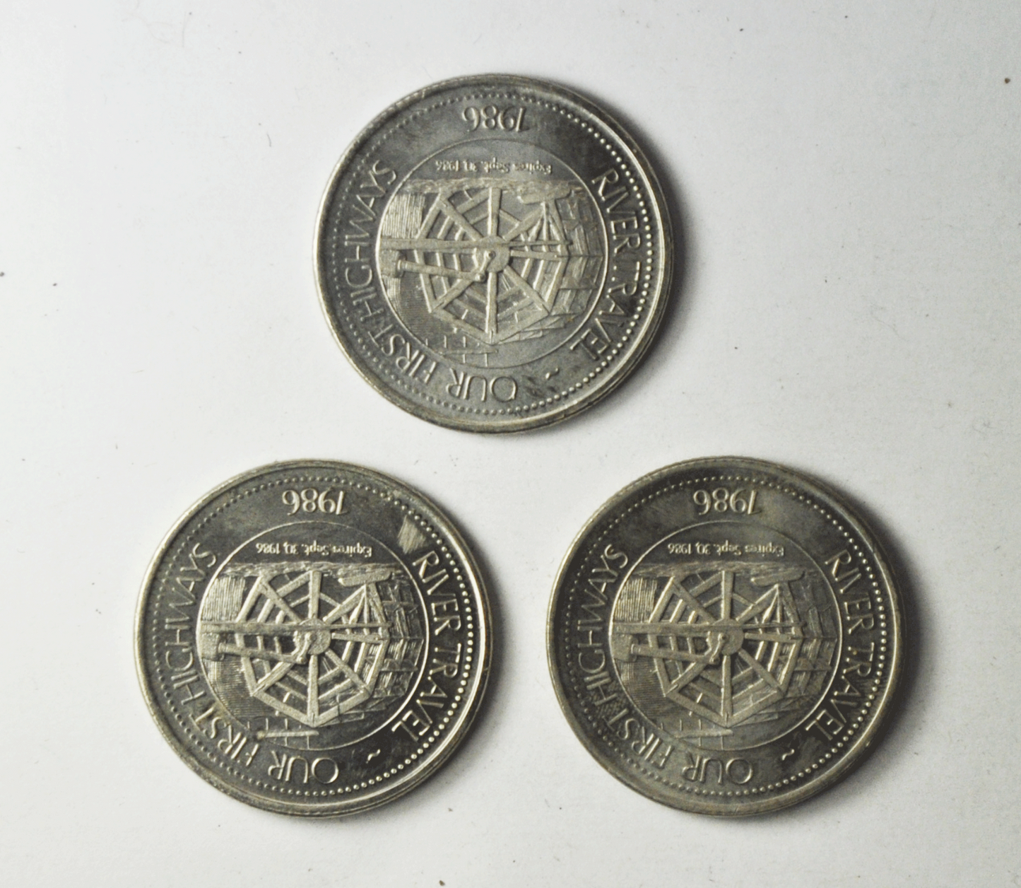 3 1986 $1`Canada Trade Dollars 34mm City of Whitehorse Yukon River Travel