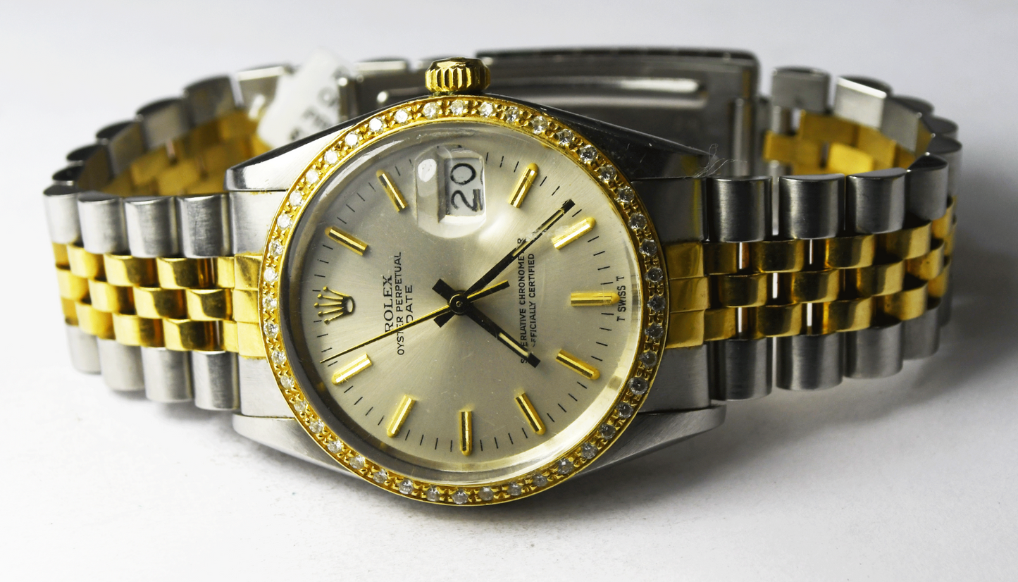 1986 Men's Rolex Datejust 15053 Silver Stick Dial 34mm Diamond Bezel 18k