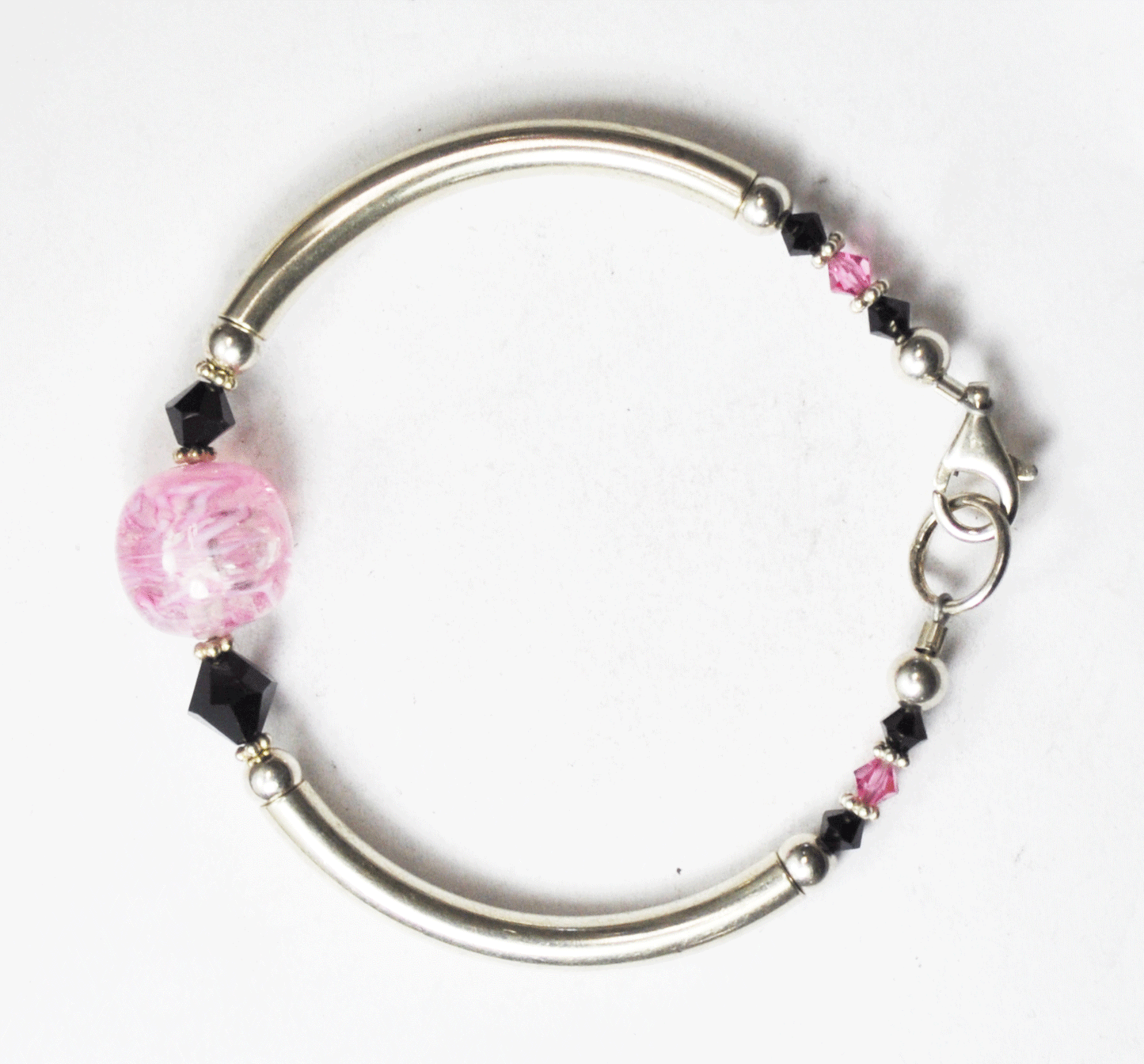Sterling Silver Pink Murano Glass Black Bead Bracelet 9mm 7.5"