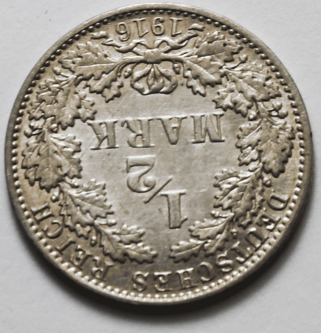 1916 A Germany Empire Silver Half 1/2 Mark Coin KM#17 AU