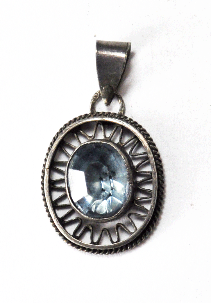 .835 Silver Oval Blue Topaz Pendant Rays Zigzag Halo 27mm x 16mm Pendant