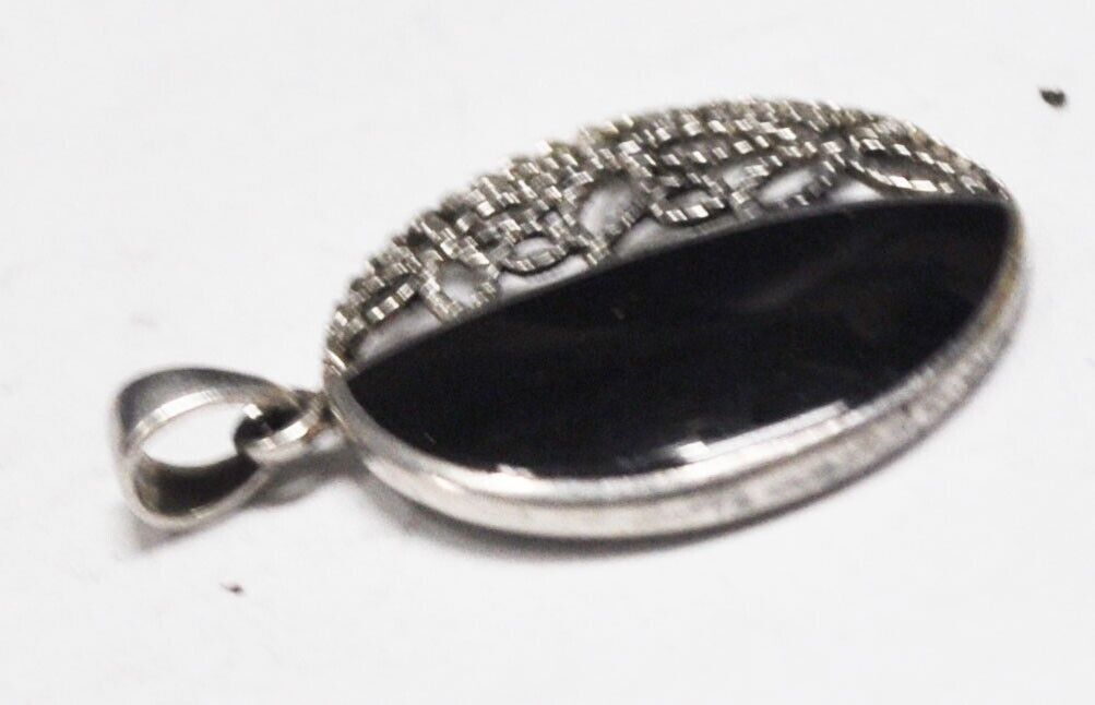 Sterling Silver Black Onyx Half Disc Filigree Flower Pendant 30x23mm
