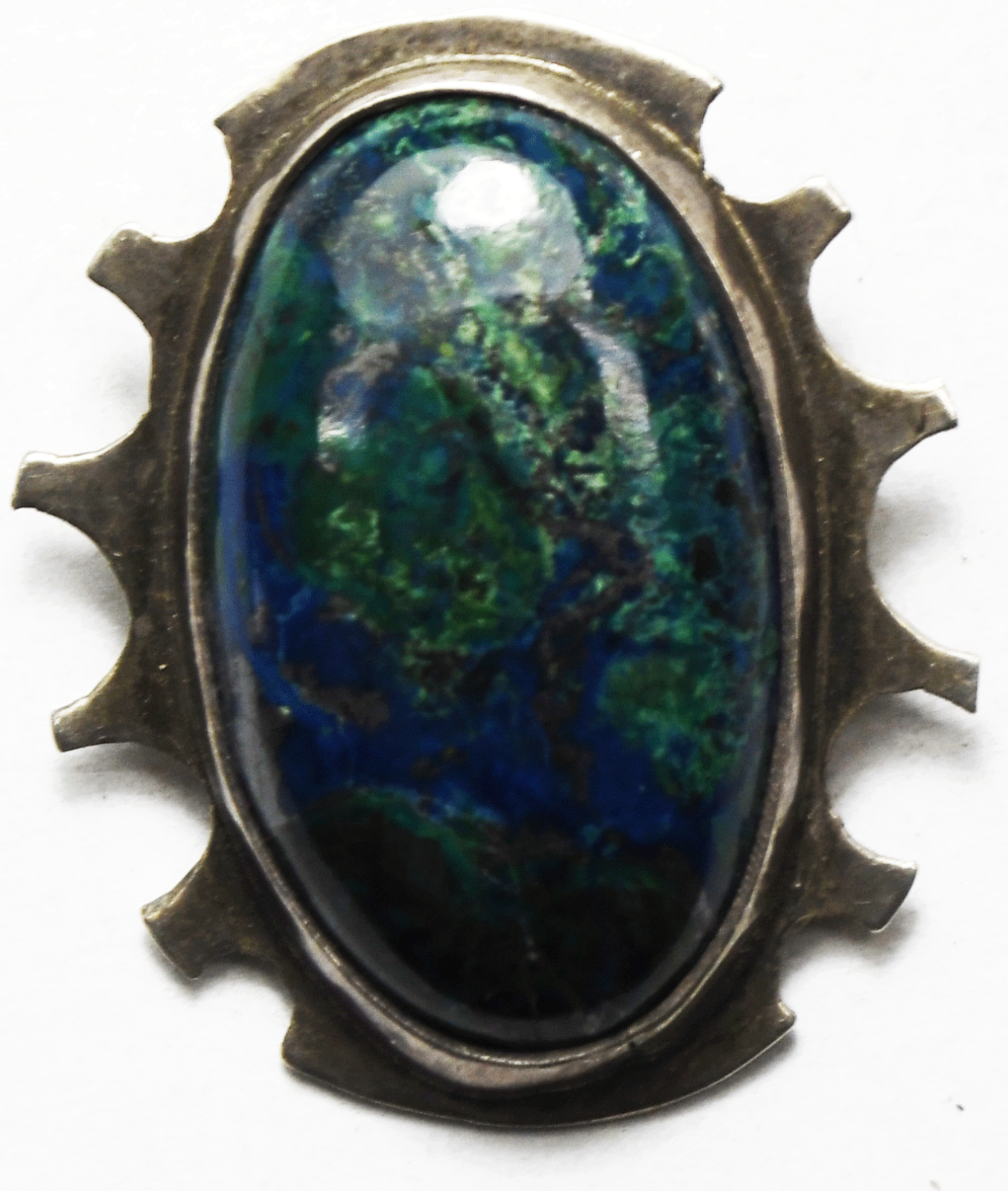 Sterling Silver Signed Oval Chrysocolla Pendant 30mm x 25mm Spiked Edge
