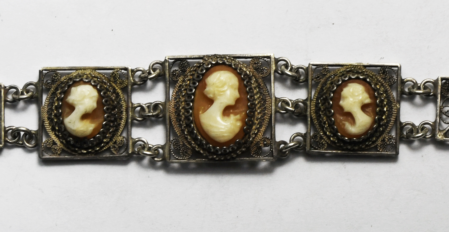 800 Fine Silver Shell Cameo Filigree Panel Bracelet 18mm 7.25"