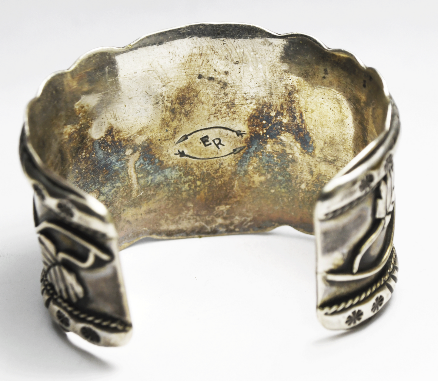 Sterling Signed ER Turquoise Chunk Floral Cuff Bracelet 45mm 6-1/2" Wrist