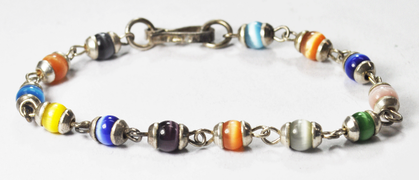Sterling Silver Multi Color Round Cap End Capsule Link Bracelet 7mm 8" TR-134