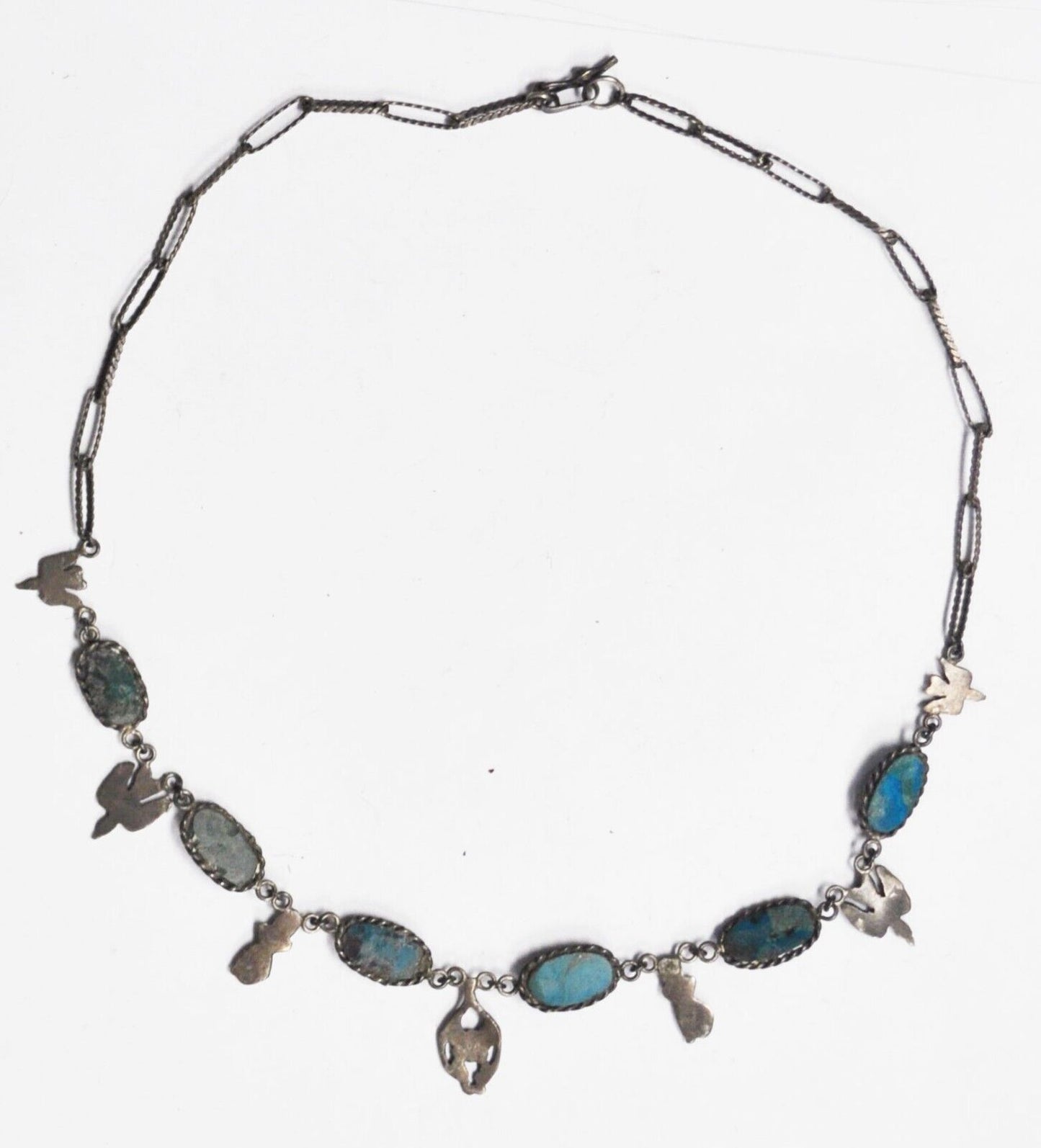 Sterling Silver Oval Turquoise Mono Figa Thunderbird Charm Necklace 20mm 18"