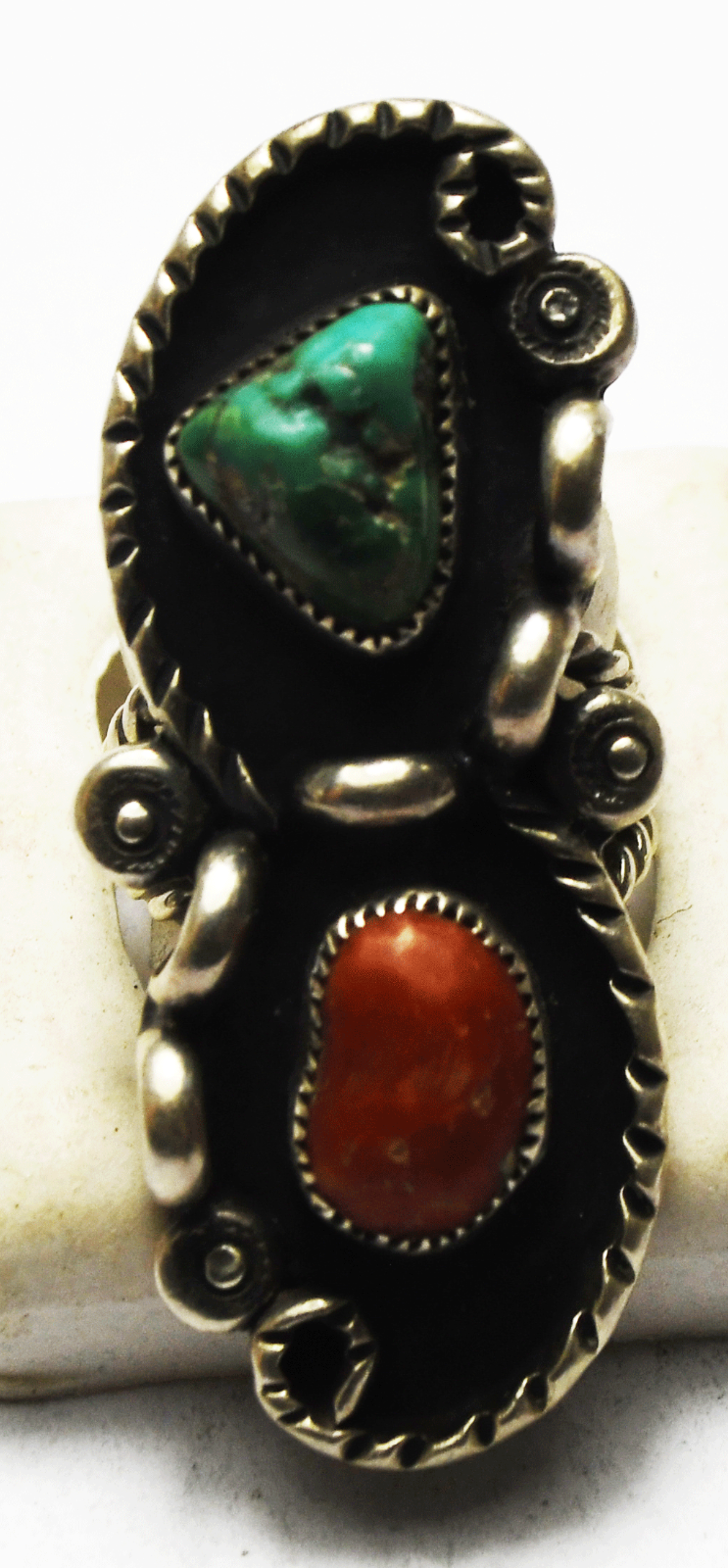 Sterling Silver J Gray Turquoise & Coral Elongated Ring 48mm Size 7