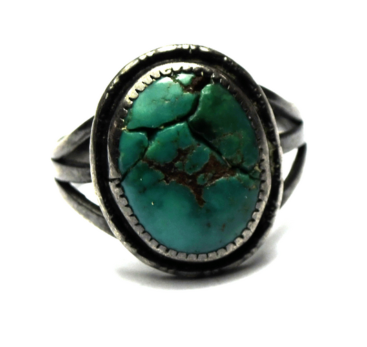 Sterling Silver Green Turquoise Antique Oval Ring 18mm Size 6-1/2