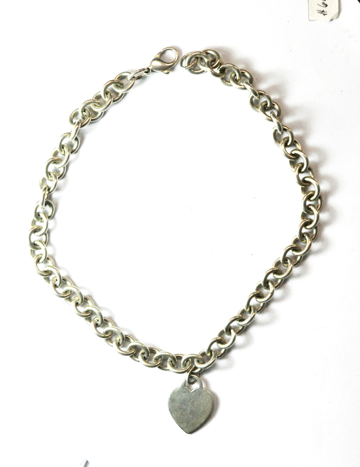 Sterling Silver Tiffany & Co 10mm Link Necklace 16" 27mm Heart Charm Tag