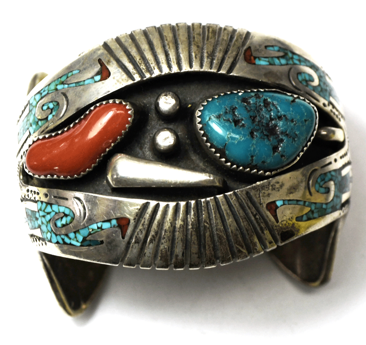 Sterling Tomas Singer Turquoise Coral Shadow Box Inlay Bracelet 51mm