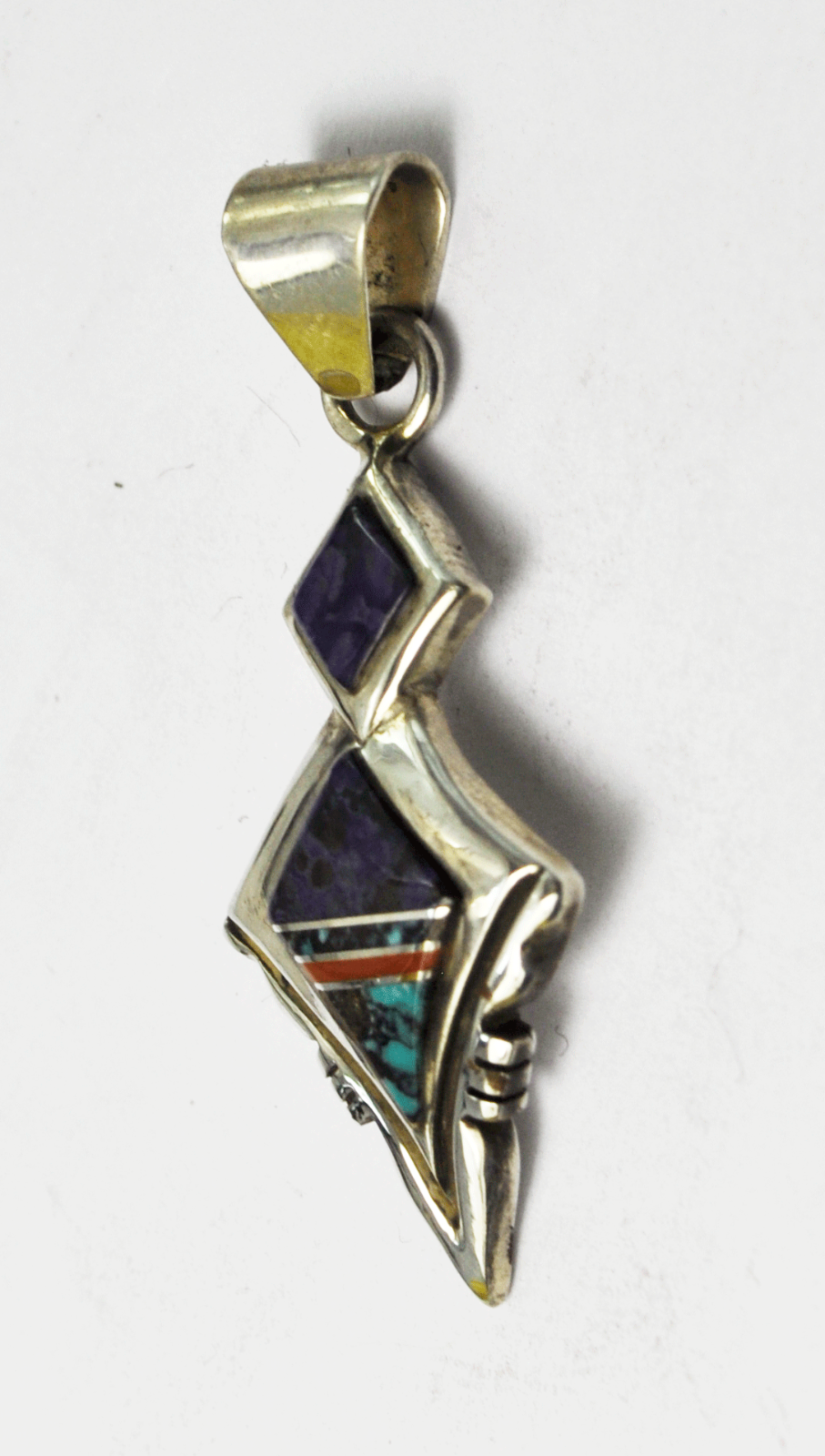 Sterling Silver Turquoise Coral Purple Dalmation Stone Inlay Pendant Dangle 1.5"