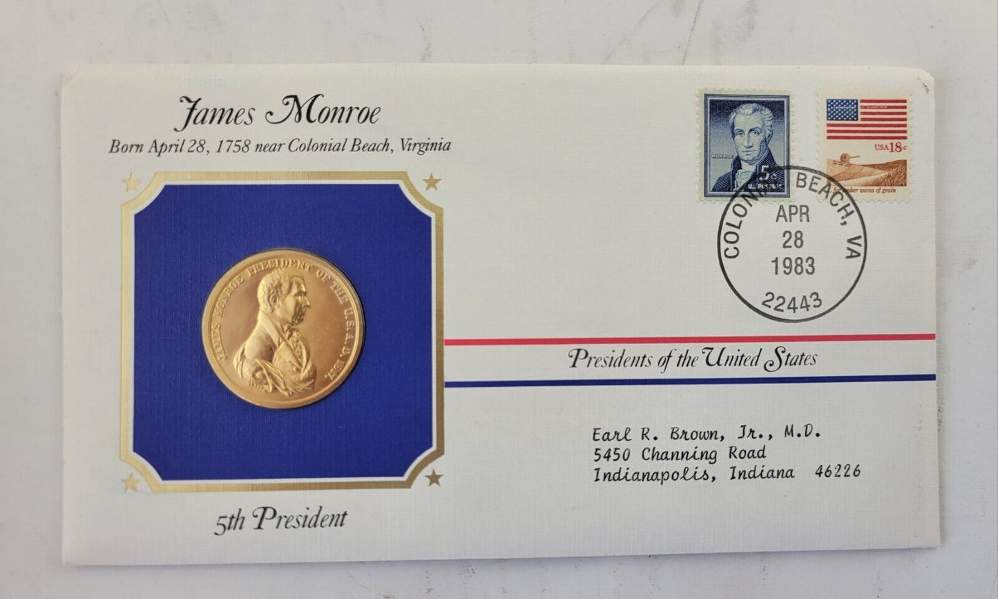 James Monroe Presidential Covers Medal Postal Commemorative Society Gold Plated