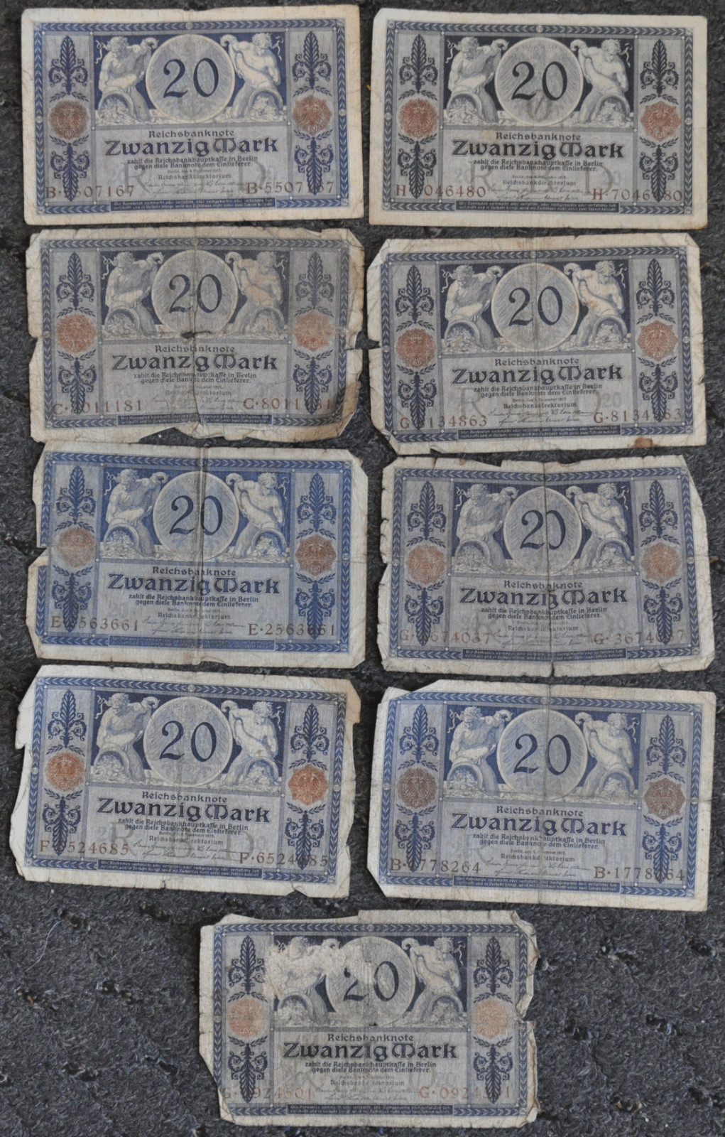 Lot of 9 1915 Germany 20 Twenty Mark Imperial Bank Note