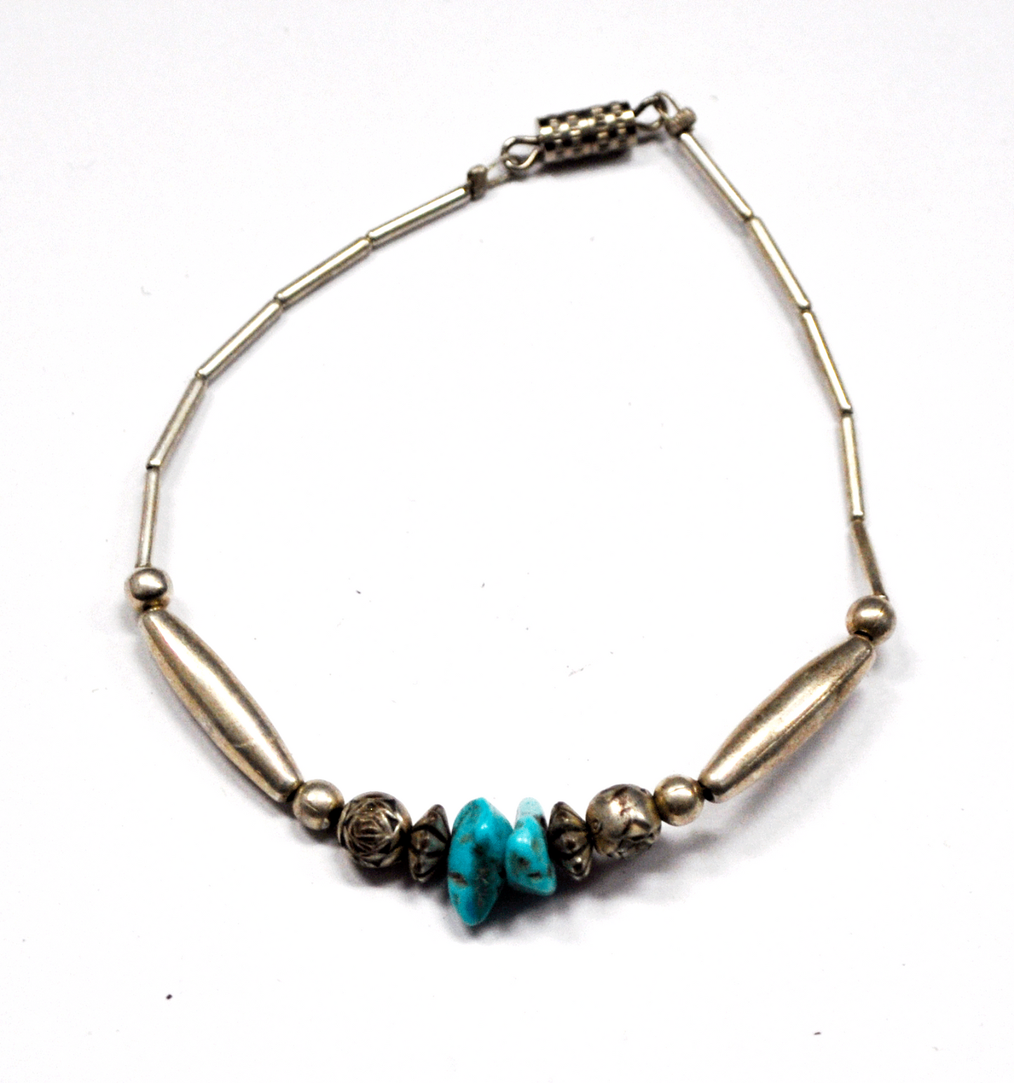 Liquid Silver Plated Spiney 10mm Turquoise Chunk Bead Screw Clasp 7.75"