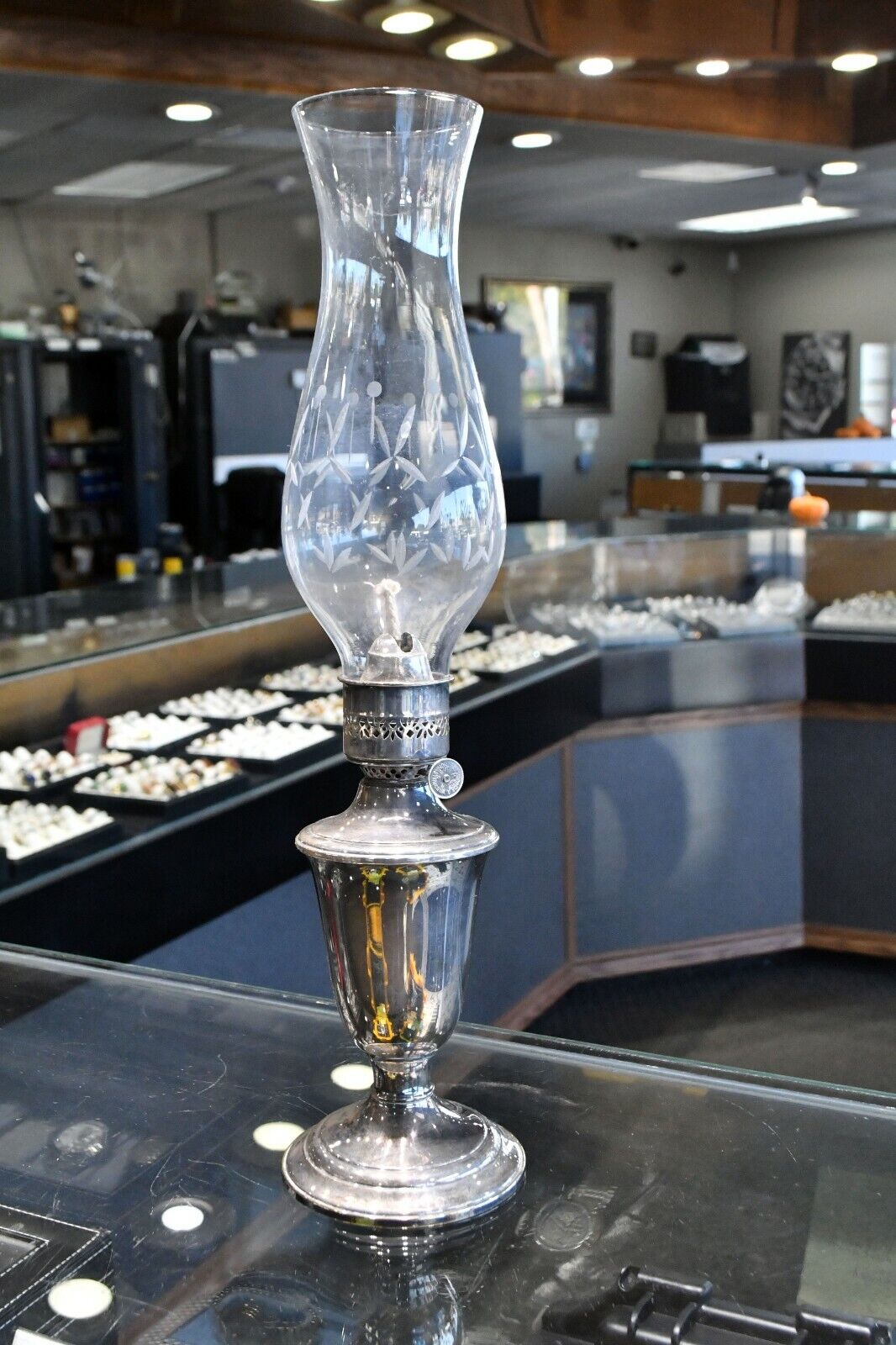 17" Vintage Gorham Silver Plate Kerosene Lamp with Glass Hurricane #YC490