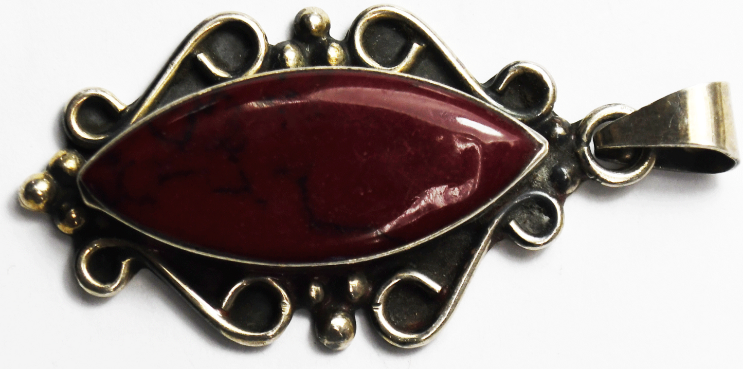 Sterling Silver Mexico Red Jasper Scroll Pendant 56mm x 27mm