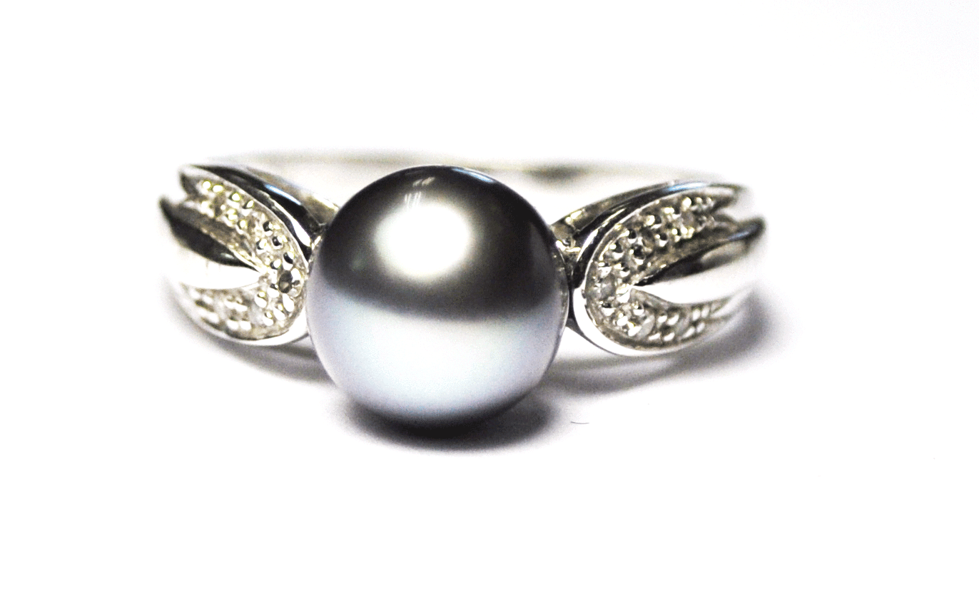 Beautiful 10k White Gold Tahitian Black Pearl & Diamond Rings 8.5mm Size 8
