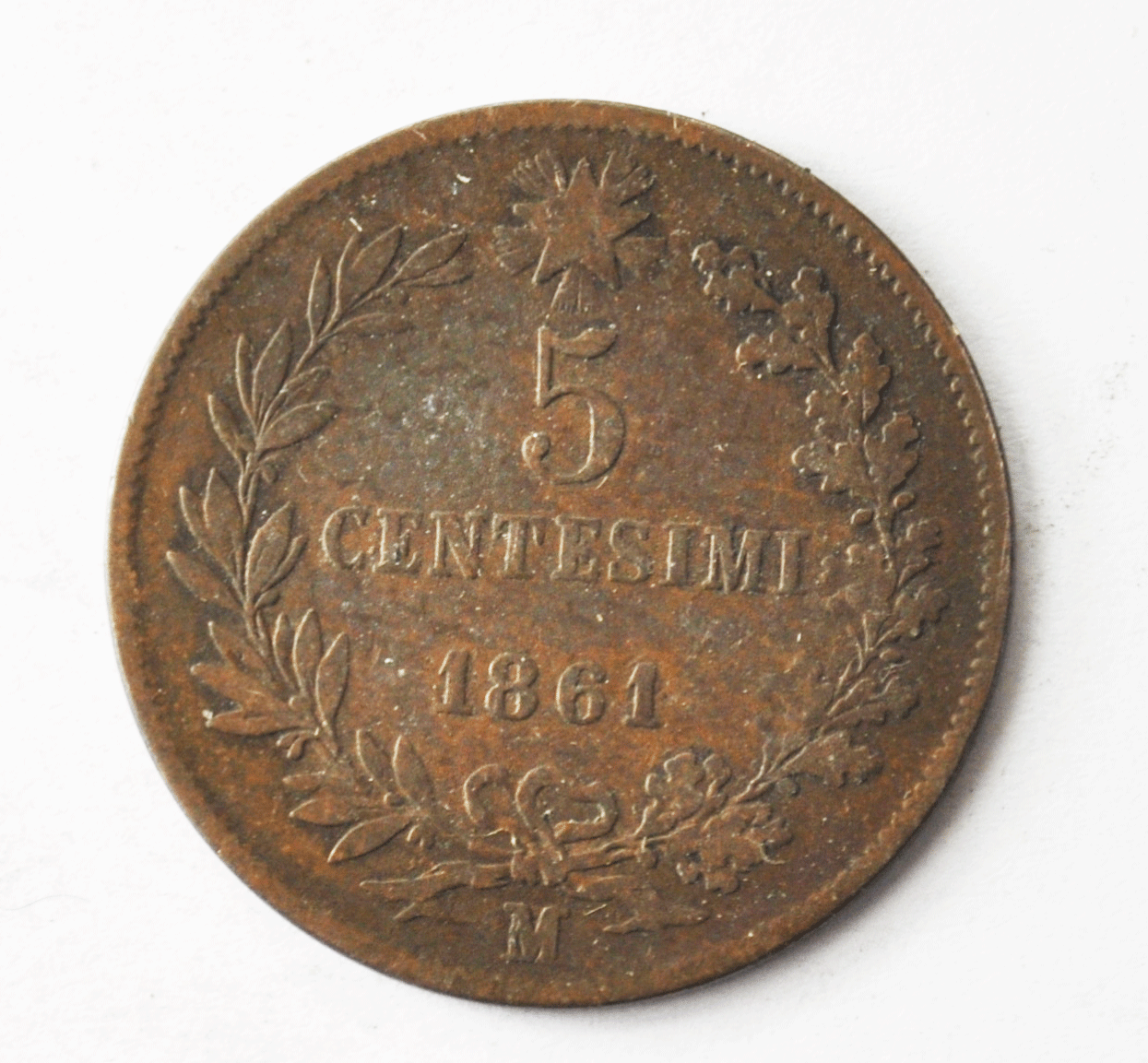 1861 M Italy 5 Five Centesimi Copper Coin KM# 3.2