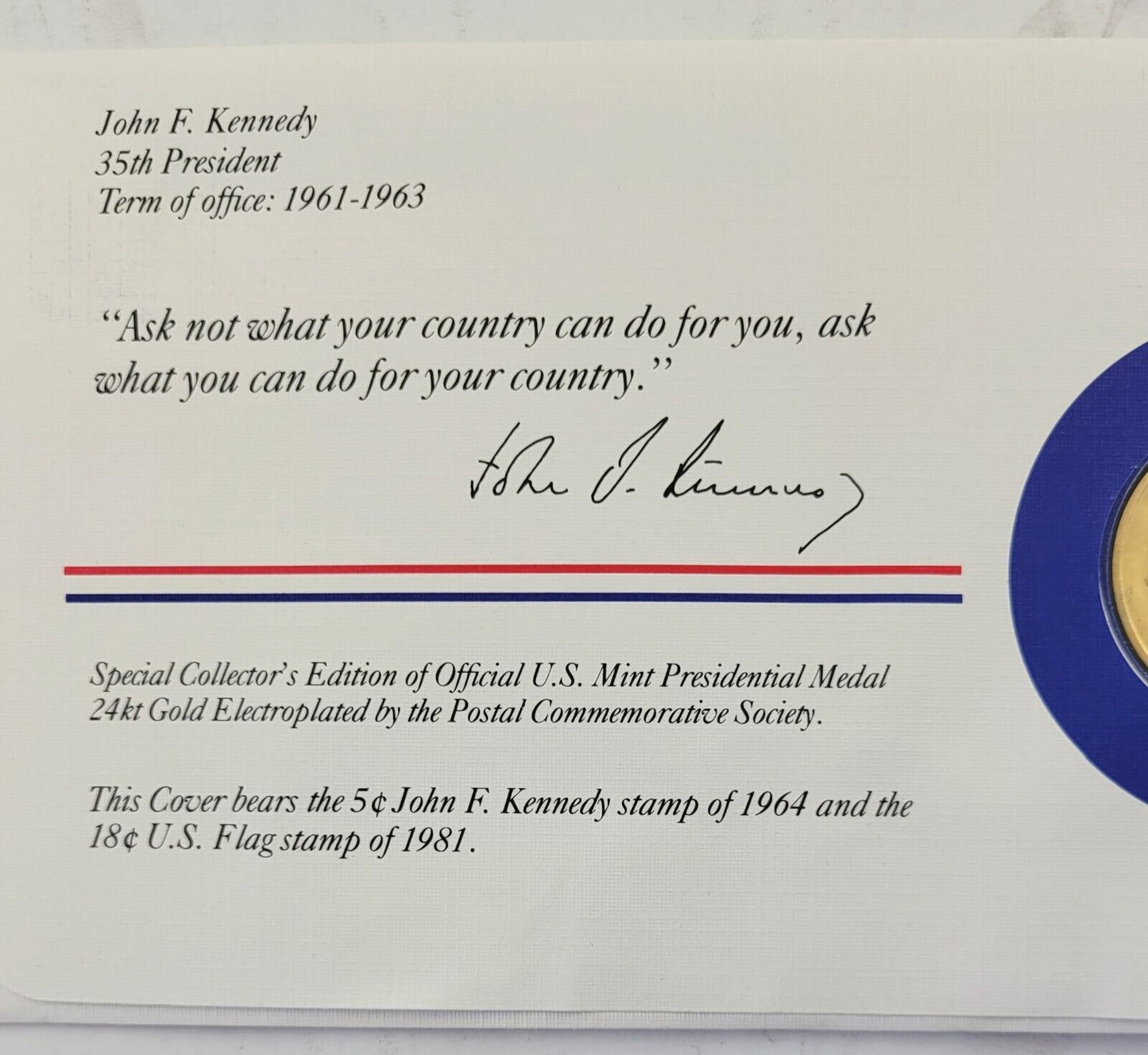 John F Kennedy Presidential Covers Medal Postal Commemorative Society Gold Plate
