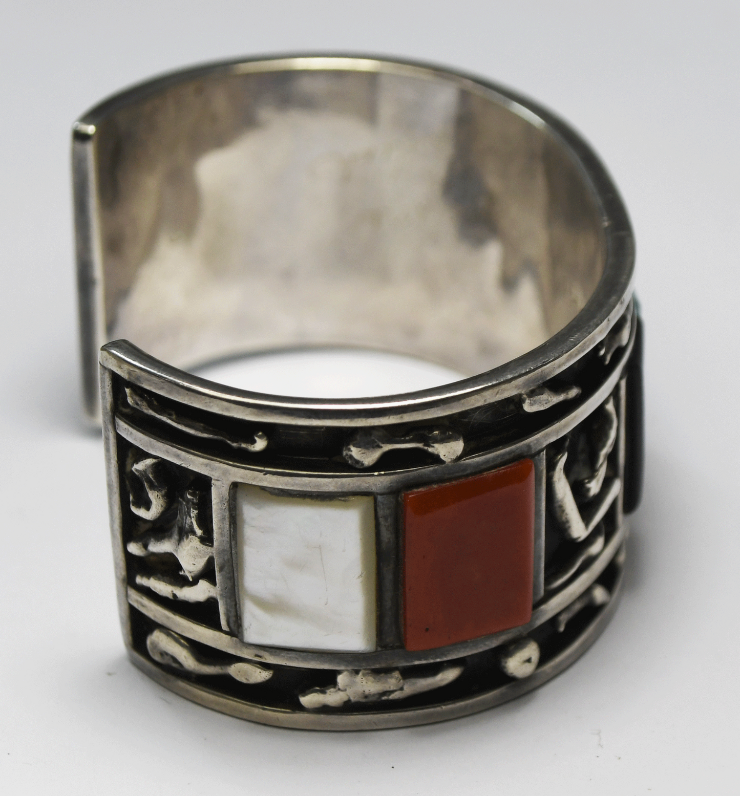 Sterling AA Panteah 32mm Turquoise Onyx Coral MOP Cuff Bracelet 7" Wrist