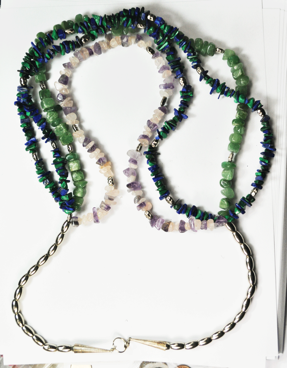 Sterling Silver Jade Malachite Lapis Bead 4 Strand Necklace Heavy 7ozt. 30"