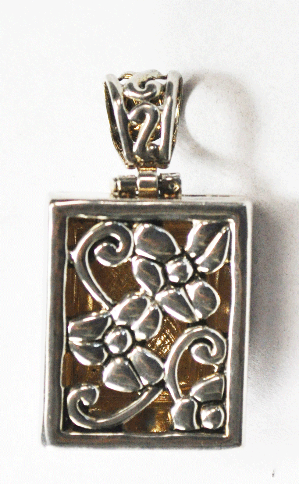 Sterling Silver Domed Black Onyx Rectangle Filigree Floral Pendant 41mm x 22mm
