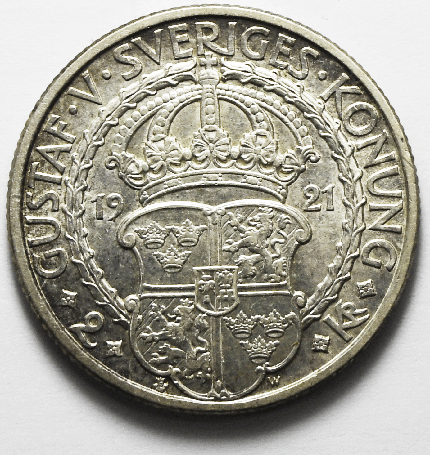 1921 W Sweden 2 Two Kronor Silver Coin KM# 799 Uncirculated Low Mintage