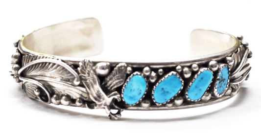 Sterling Silver Four Turquoise Floral 16mm Cuff Bracelet Signed S 7" Wrist