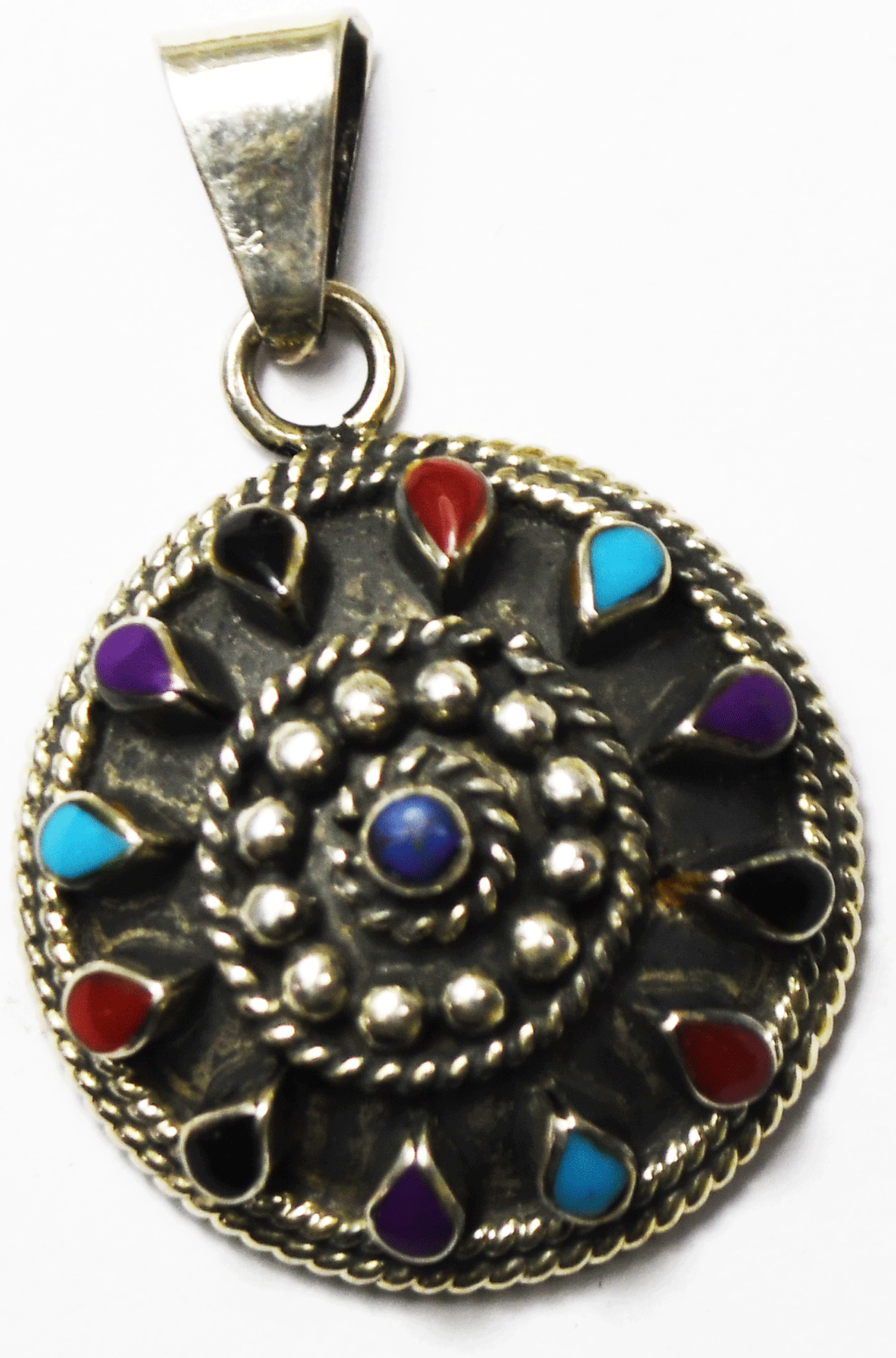 Sterling Silver Round Dot Multi Stone Domed Disc Pendant 44mm x 29mm