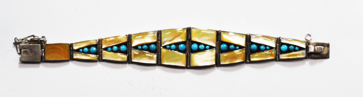 Sterling Silver Yellow MOP Turquoise Inlay Link Tapered Cuff Bracelet 37mm 8"
