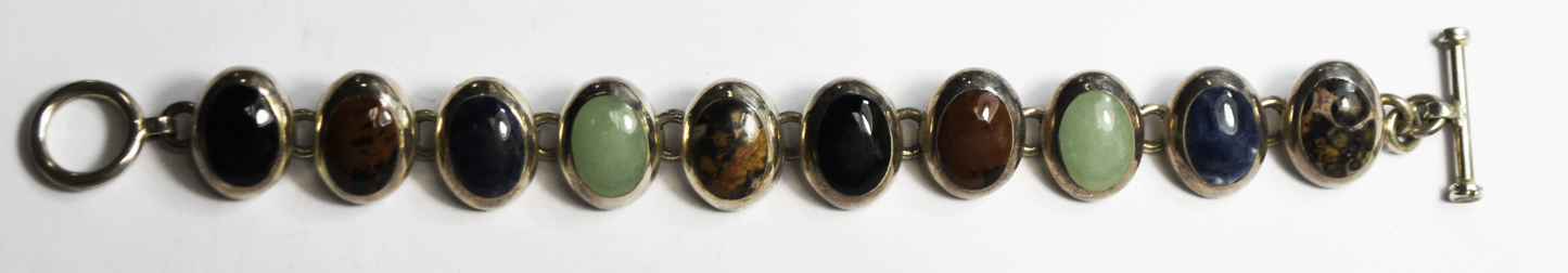 Sterling Onyx Sodalite Malachite Rainforest Jasper Bracelet 12mm 6.75" 36g