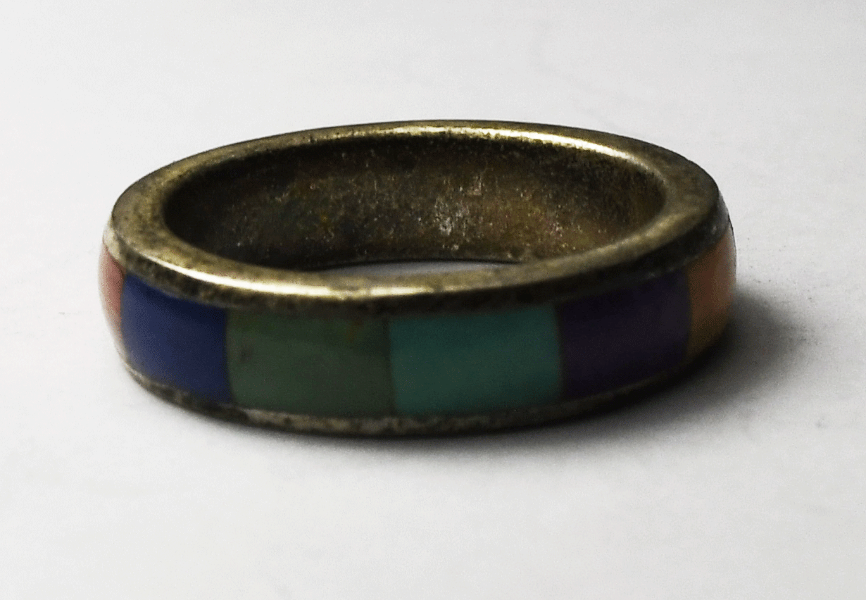 Sterling Silver Multi Stone Inlay Turquoise Coral Lapis Ring 5mm Band Size 8
