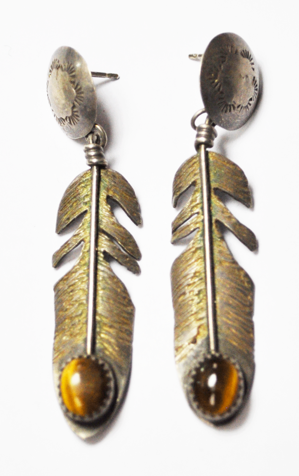Sterling Silver C Chama Oval Tiger Eye Feather Dangle Etch Earrings 14mm 2-1/4"