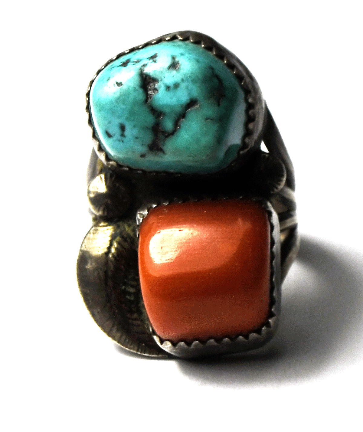 Sterling Silver Signed Coral Turquoise Chunk Floral Ring 28mm Size 5