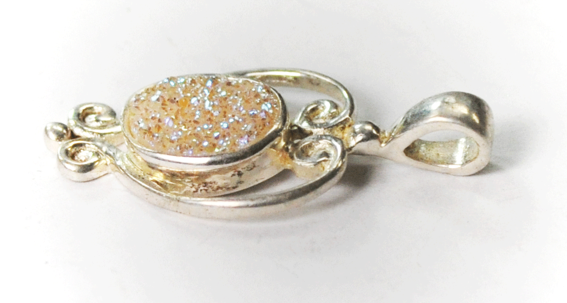 Sterling Silver White Orange Oval Sajen Druzy Quartz Pendant 29mm x 15mm