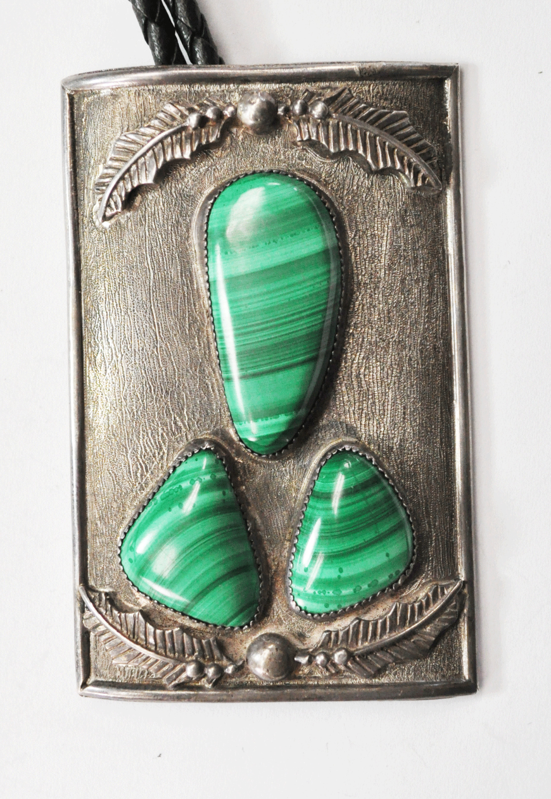 Sterling Silver Large Rectangle Floral Green Malachite Bolo Tie 2" x 3"