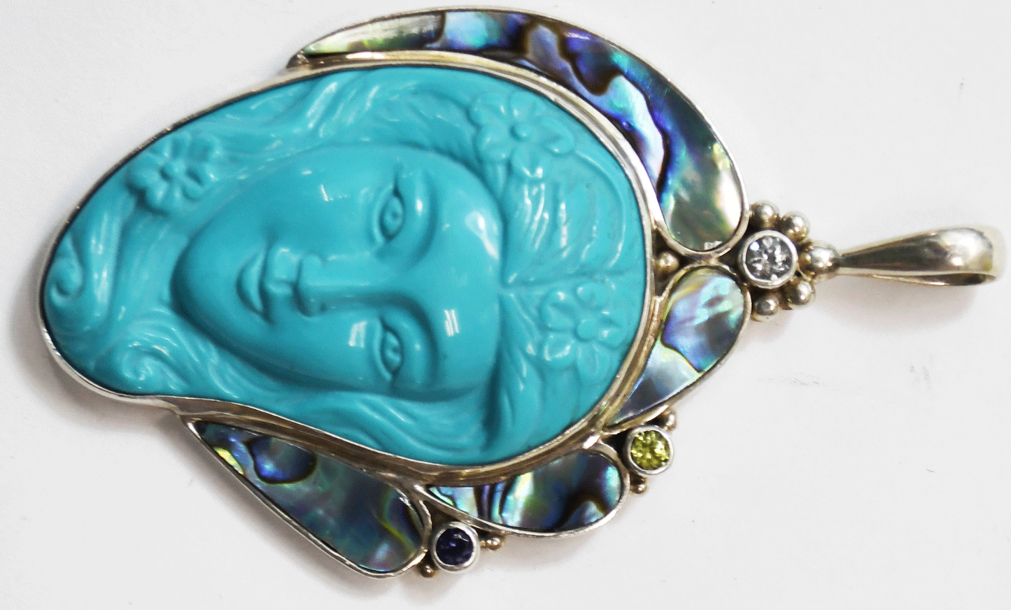 Sajen Large Sterling Silver Turquoise Goddess Head MOP Pendant 72mm x 43mm