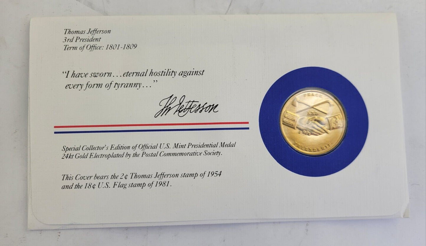 T Jefferson Presidential Covers Medal Postal Commemorative Society Gold Plated