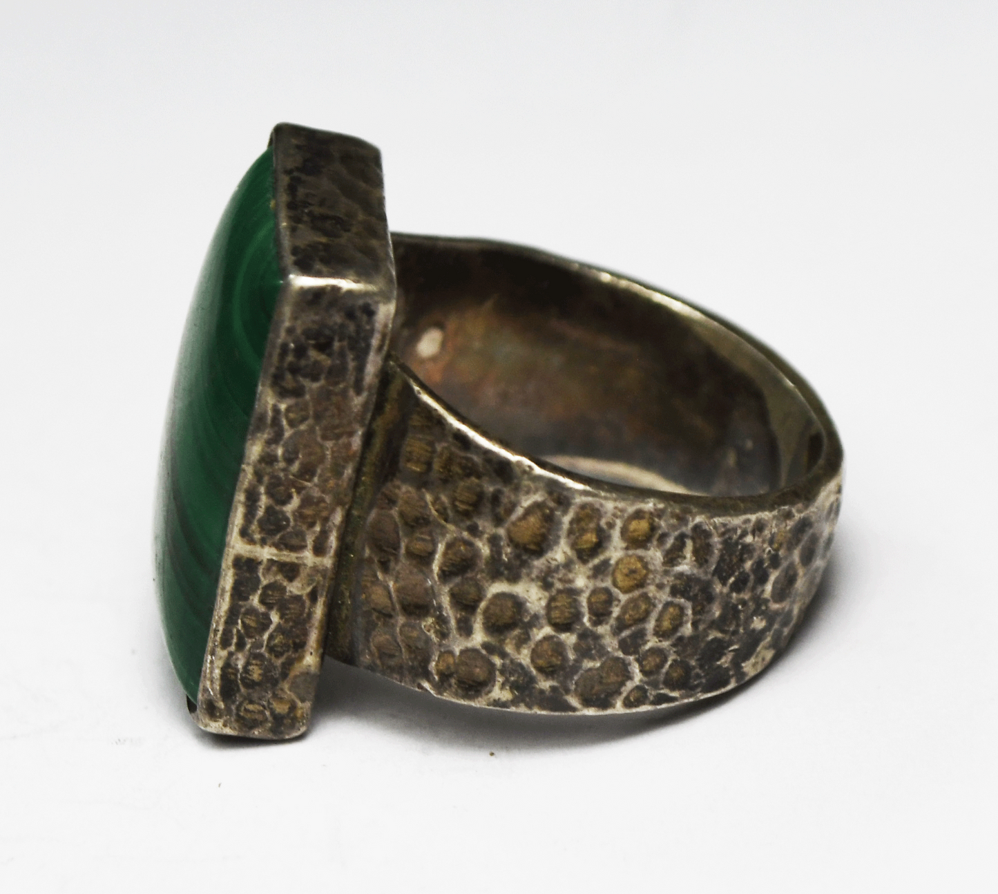 Sterling Silver MM Malachite Green Rectangle Hammered Ring 22mm Size 9-1/2