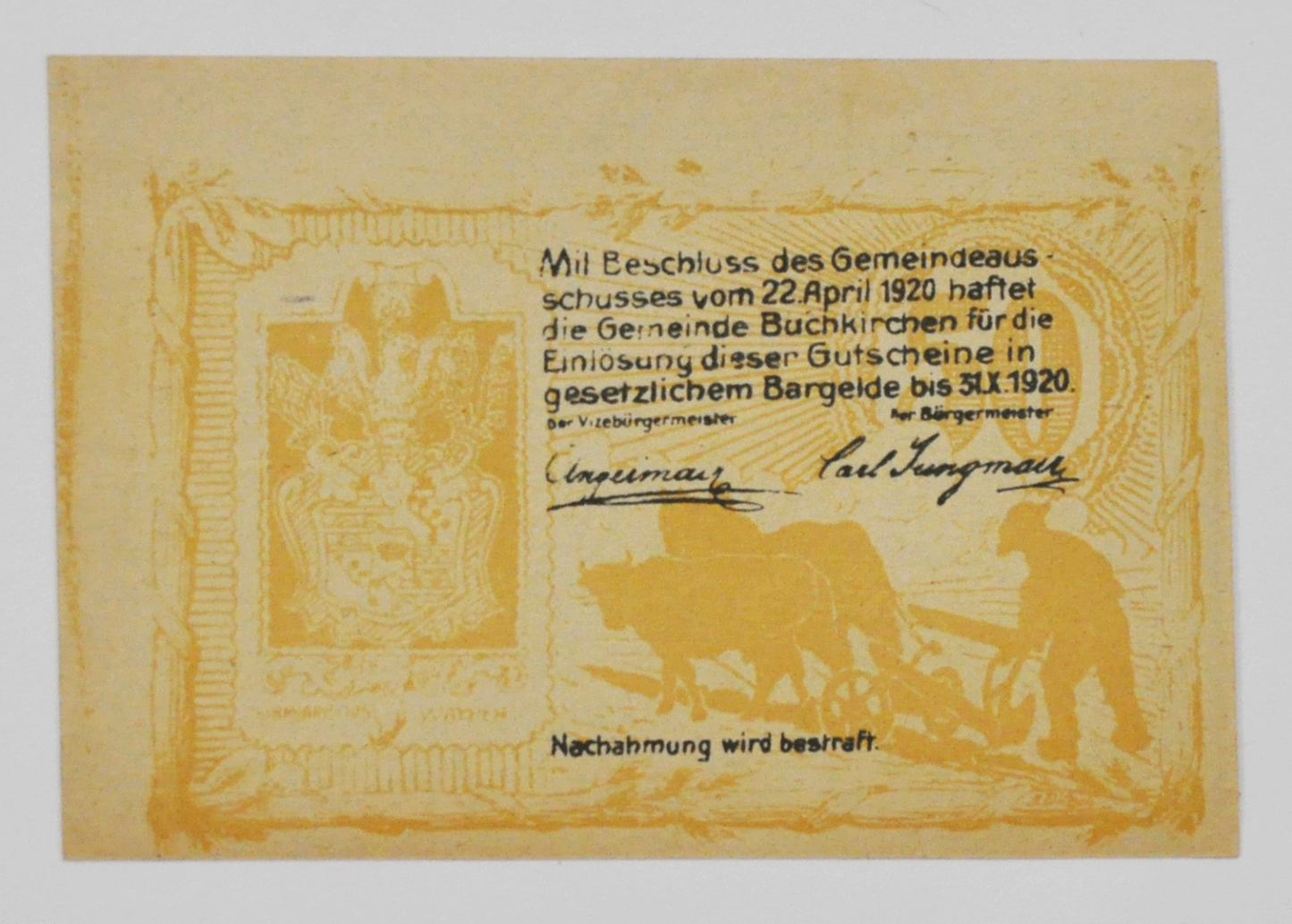 1920 50 Fifty Heller Austria Notgeld Buchkirchen Uncirculated