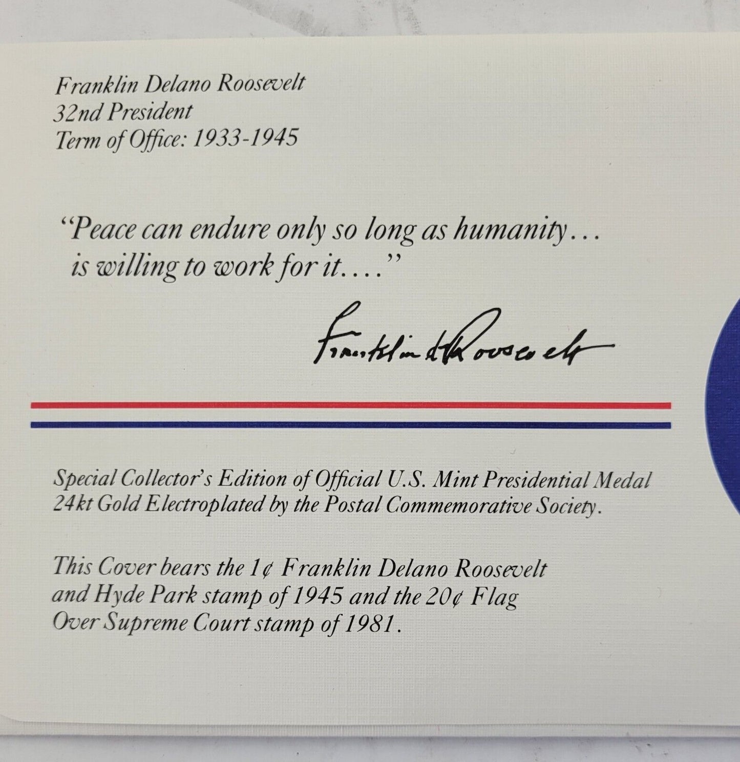 F D Roosevelt Presidential Covers Medal Postal Commemorative Society Gold Plated