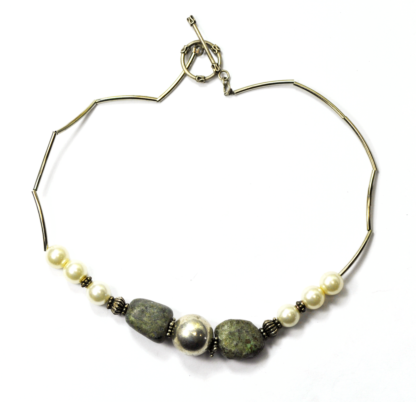 Sterling Silver Faux Pearl Beach Stone Toggle Necklace 17mm 16"