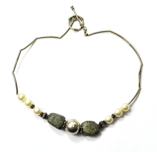 Sterling Silver Faux Pearl Beach Stone Toggle Necklace 17mm 16"