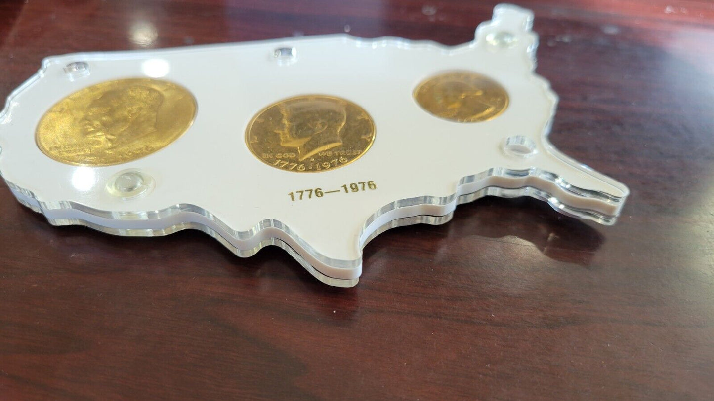 Bicentennial Gold Toned Coinage Liberty Set 1776-1976 Commemorative Acrylic Map