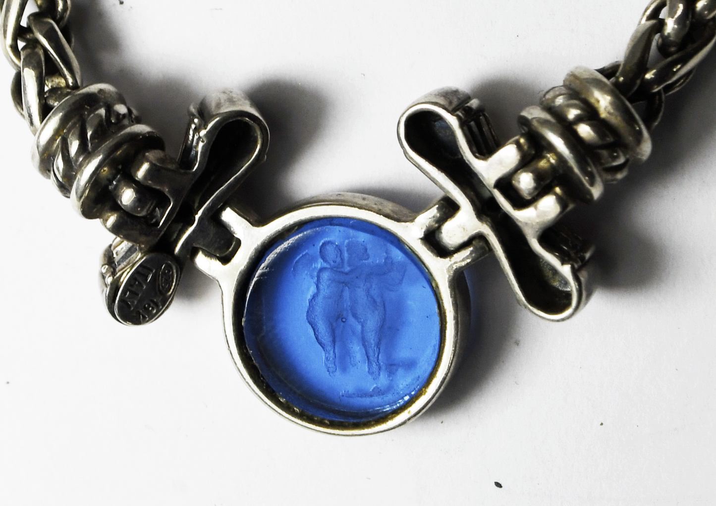 Sterling Round Blue Glass Cherub Angel 18k 5mm Wheat Chain 17" Necklace