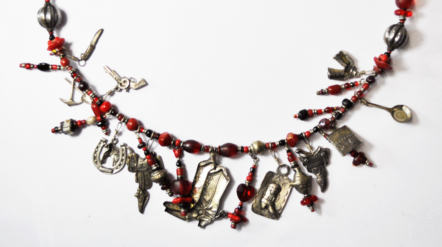Sterling Silver Red Bead Southwest 2" Charm Necklace 23.5" Boots Pistol Saddle