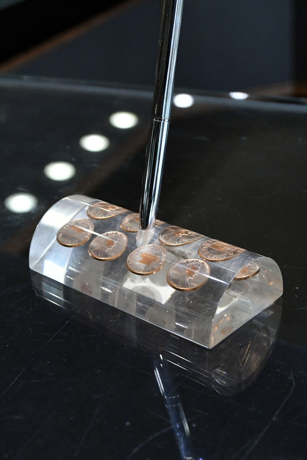 Vintage 1959 Desktop Penny Paperweight Pen Holder in Acrylic 4 1/2"