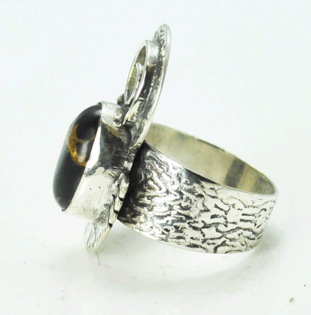 Sterling Silver Oval Black Stone Gold Veins Elongated Swirl Ring 29mm Size 7